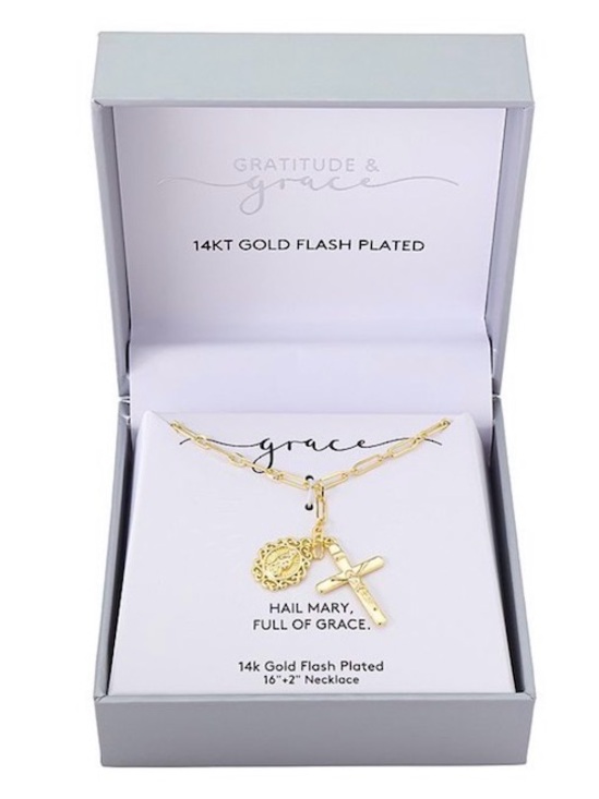 Gratitude & Grace Jewelry - Gratitude & Grace 14k Gold Plated Virgin Mary Charm & Cross Pendant Necklace NEW